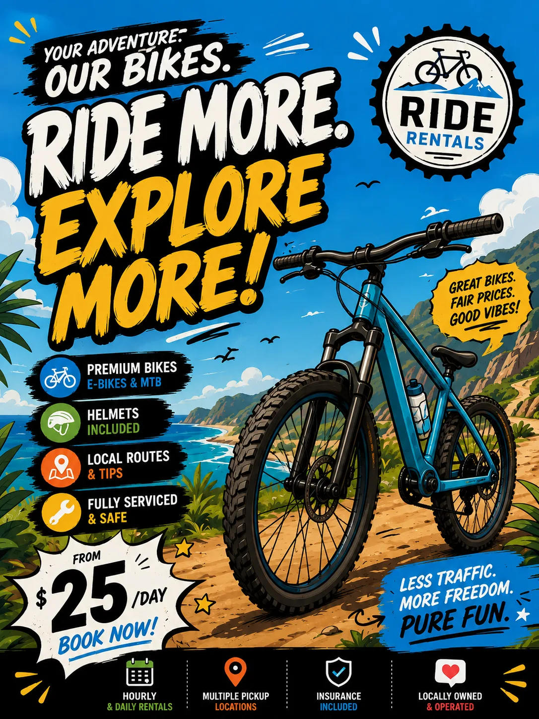 Generic AI poster for a bike rental — stock template look