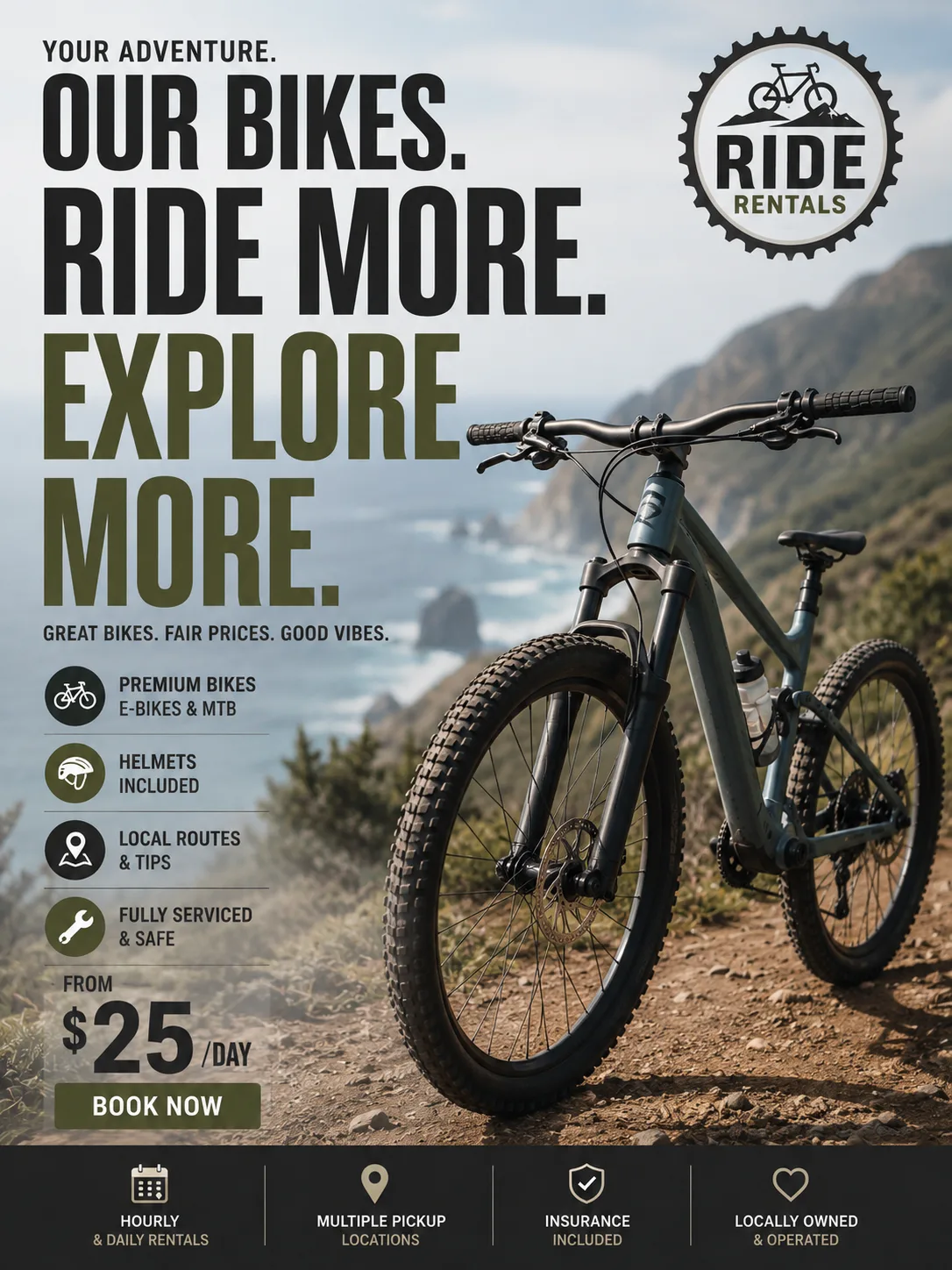 On-brand AI poster for a bike rental — matches the brand's real fonts and photography