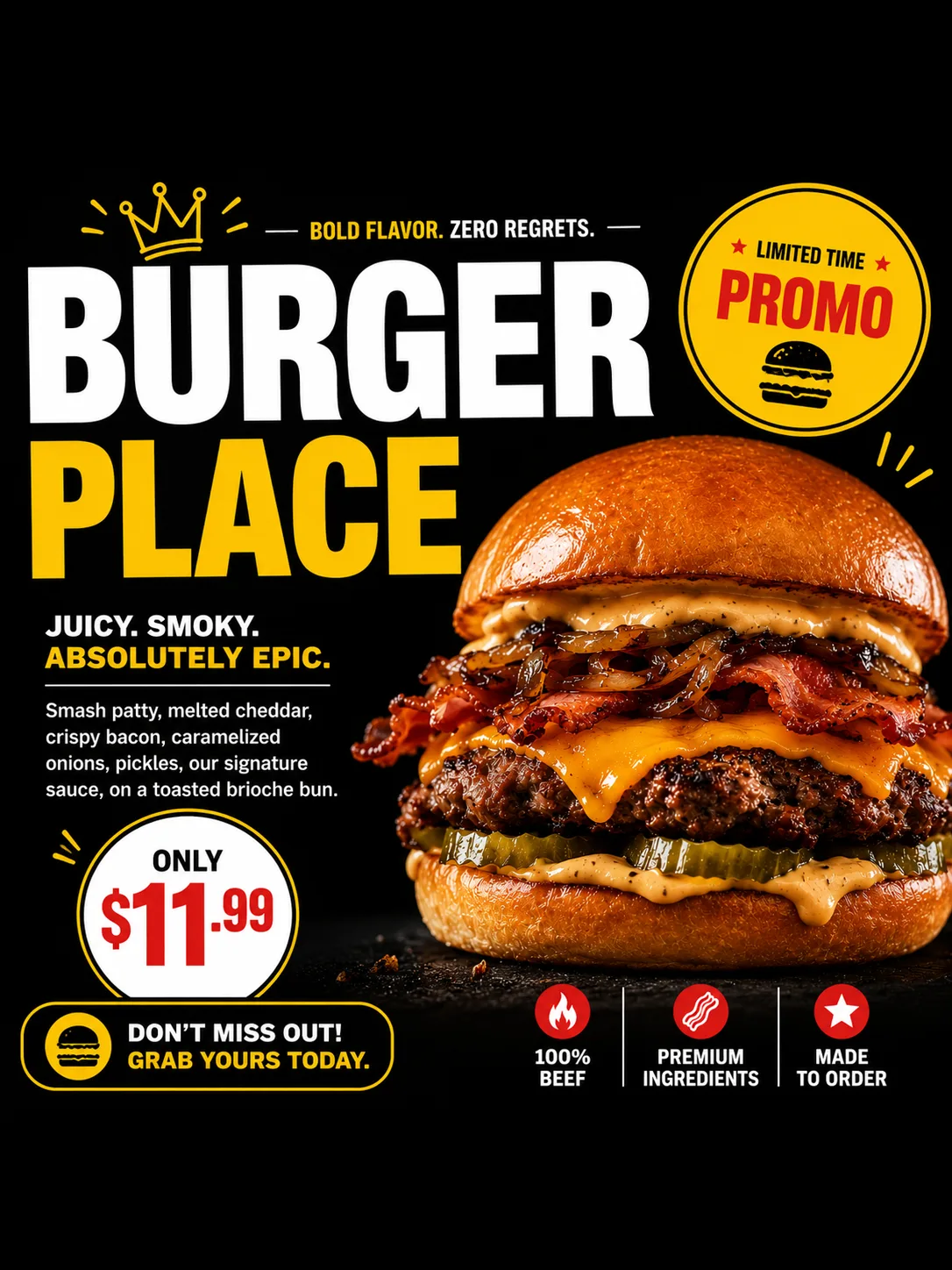 On-brand AI poster for a burger restaurant — matches the brand's real fonts and photography